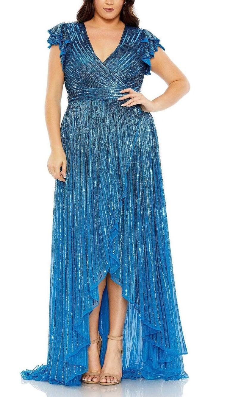 Mac Duggal Sequin V-Neck Gown Maxi Dress Womens Size 22 Blue Formal Event Glam